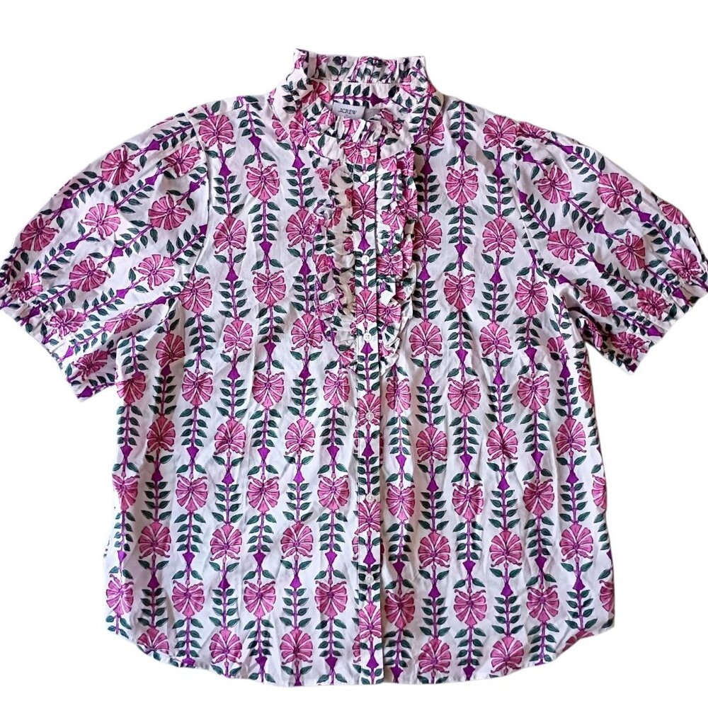 NEW NWT J. CREW Block Print Top Blouse White Floral Ruffle Placket XXL